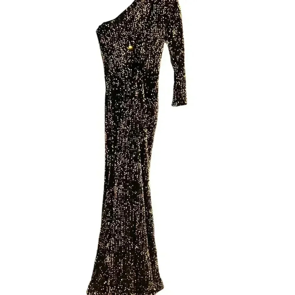 Brand New Miss Ord one shoulder cut out black and Gold sequin Dress Size M - Picture 16 of 16